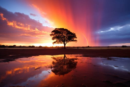 beautiful landscape with rainbow and sky . ai generated
