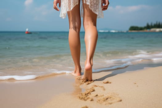 woman feet standing on sandy beach. ai generated