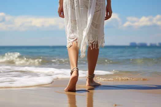 woman feet standing on sandy beach. ai generated