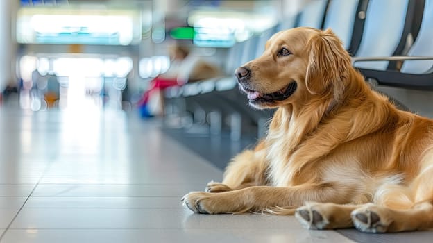 A Golden Retriever, a mediumsized carnivorous breed and a popular companion dog, is lying on the airport lounge floor, showcasing its snout and sporting group qualities