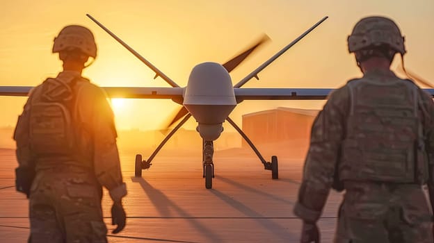 Two soldiers are standing in front of an airplane drone on a runway at sunset, an event by an aerospace manufacturer, sharing the latest in aviation technology