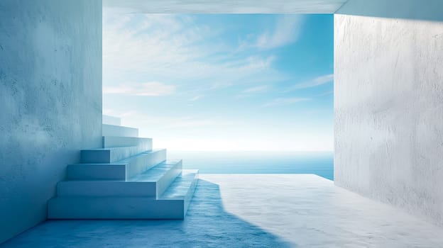 A rectangular staircase descends to the aqua waters of the ocean, with the blue sky and fluffy clouds creating a stunning atmosphere in the background