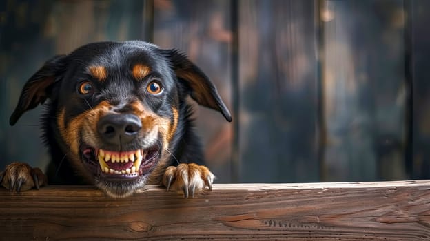 An angry carnivorous dog, belonging to a specific dog breed, is peering over a hardwood fence made of planks. This companion dog has a menacing snout as it looks out at its surroundings