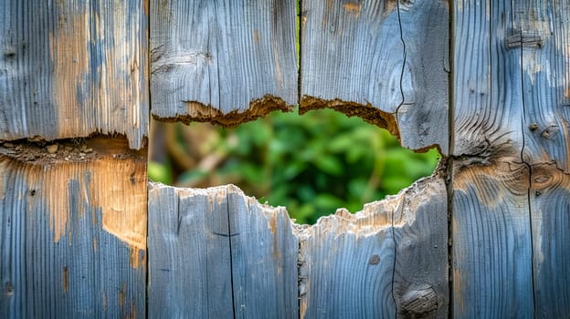 A plant grows through a hole in a wooden fence showcasing the beautiful fusion of nature and art in the natural landscape of a home fencing