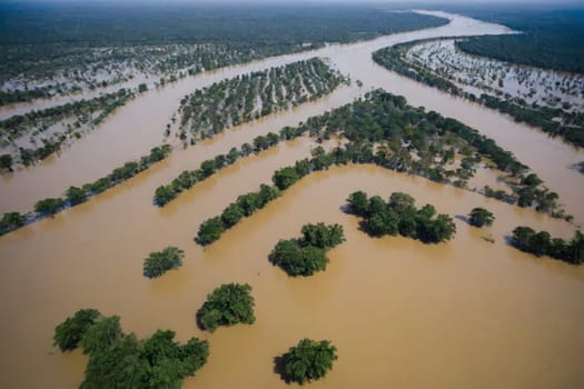 Flooded villages and forests after a flood. Consequences of global warming