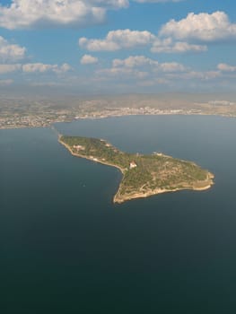 Drone footage at Urla Izmir Province, Turkey. Known as Quarantine Island. During the 19th century the island was equipped with the up to date medical instruments and it was used as a quarantine island. High quality photo