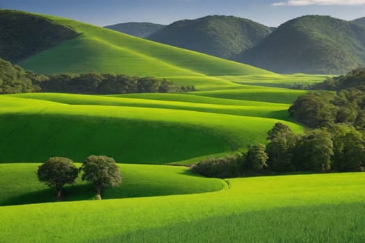 Green meadow and mountains on the horizon.