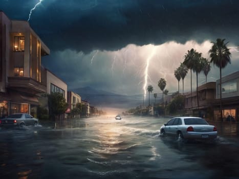 Storm. Flooded cars on city streets during a hurricane