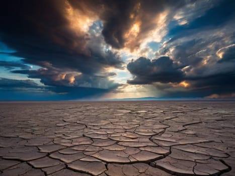 Soil drought. cracked earth. landscape in the sunset sky.