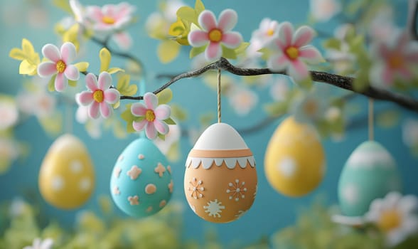 3D, cartoon Easter eggs hanging on tree branches. Selective soft focus.