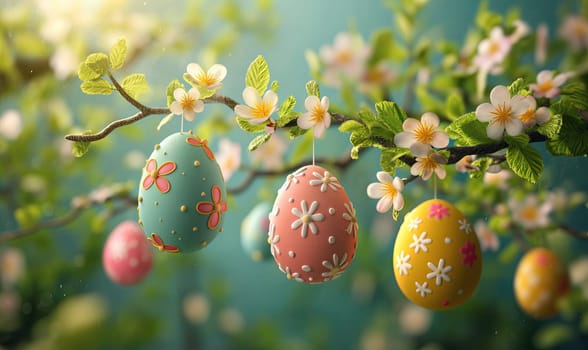 3D, cartoon Easter eggs hanging on tree branches. Selective soft focus.