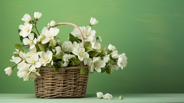 A table adorned with a wicker basket overflowing with delicate white flowers, adding a touch of elegance to the room