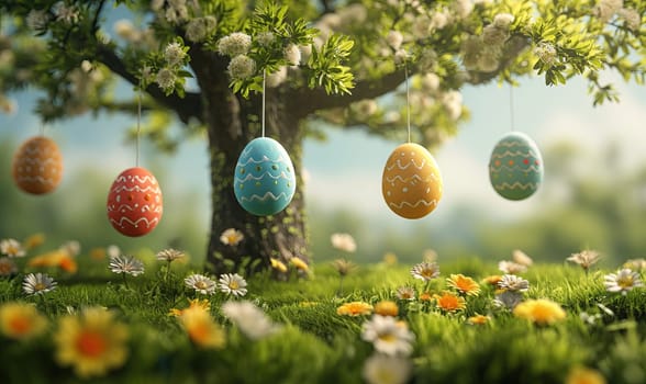 3D, cartoon Easter eggs hanging on tree branches. Selective soft focus.