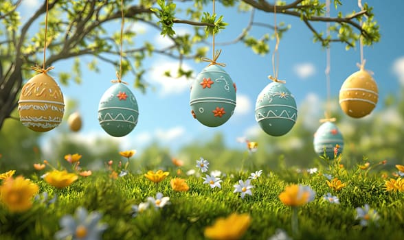 3D, cartoon Easter eggs hanging on tree branches. Selective soft focus.