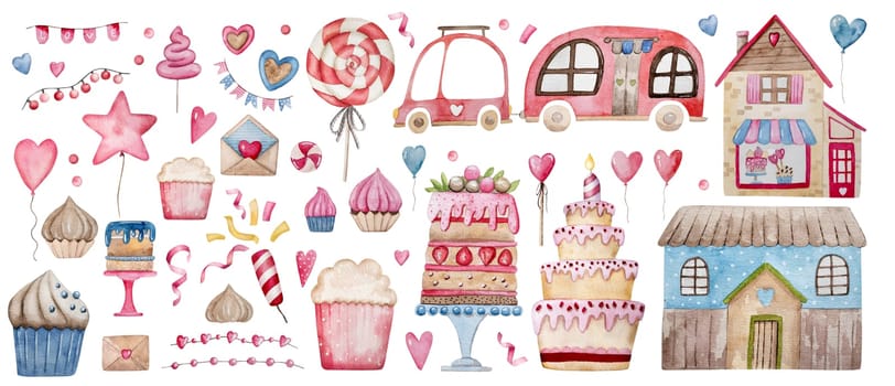 Valentine'S Day Clipart Set Includes Gifts, Hearts, Sweets, Etc., Hand-Drawn Watercolor Illustration