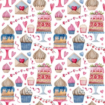 Hand-Drawn Watercolor Illustration Features A Seamless Pattern For February 14Th With Sweets And Hearts