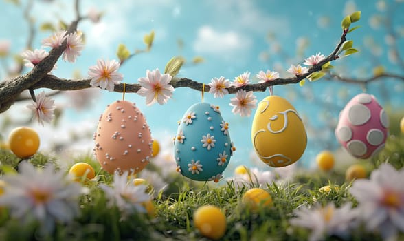 3D, cartoon Easter eggs hanging on tree branches. Selective soft focus.