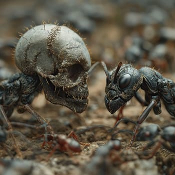 Illustration of a warlike ant on a blurred background. Selective soft focus