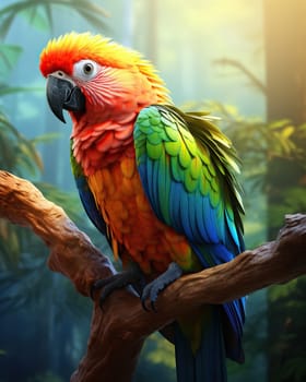 A colorful parrot sits on a branch. Selective soft focus