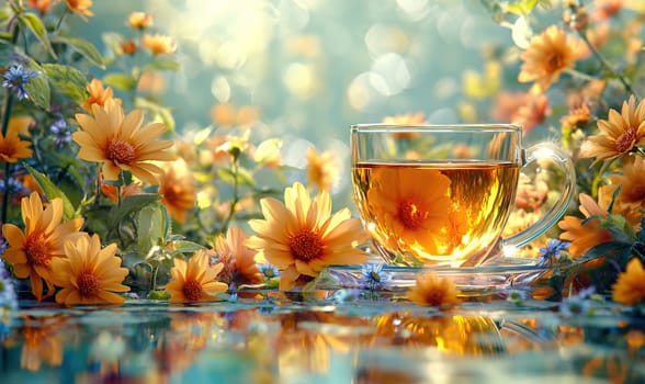 Floral tea in a transparent mug on a background with flowers. Selective soft focus