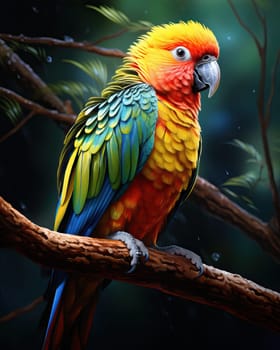 A colorful parrot sits on a branch. Selective soft focus