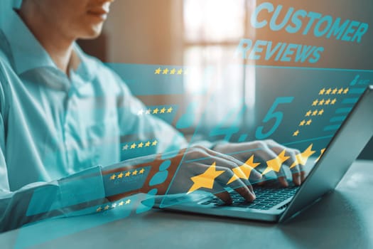 Customer review satisfaction feedback survey concept. User give rating to service experience on online application. Customer can evaluate quality of service lead to reputation ranking of business. uds