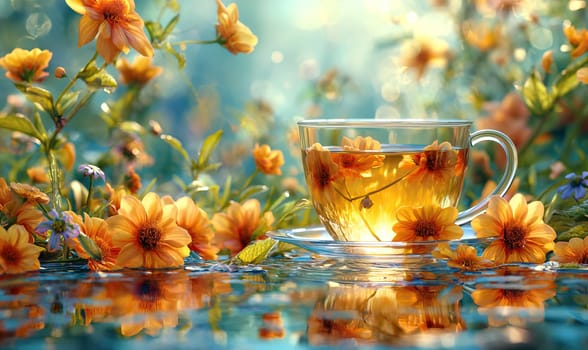 Floral tea in a transparent mug on a background with flowers. Selective soft focus