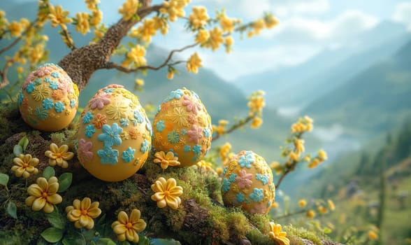 3D, cartoon Easter eggs hanging on tree branches. Selective soft focus.