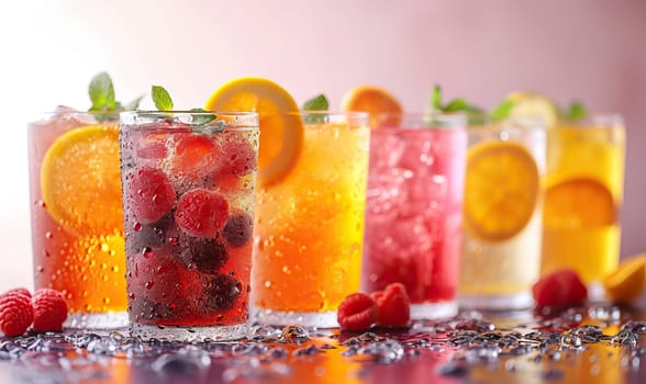 Drinks with berries and ice cubes on a colored background. Selective soft focus