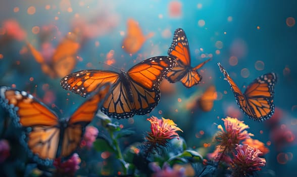 Colorful butterflies on a blurred natural background. Selective soft focus