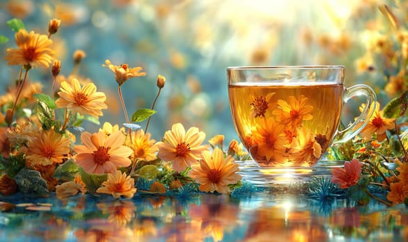 Floral tea in a transparent mug on a background with flowers. Selective soft focus