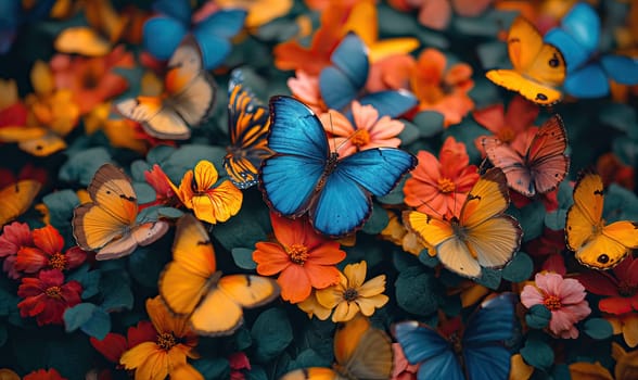 Colorful background of multi-colored butterflies full frame. Selective soft focus