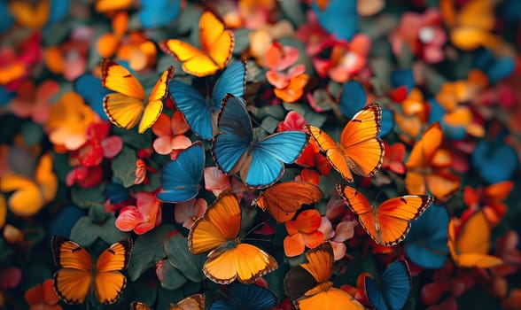 Colorful background of multi-colored butterflies full frame. Selective soft focus