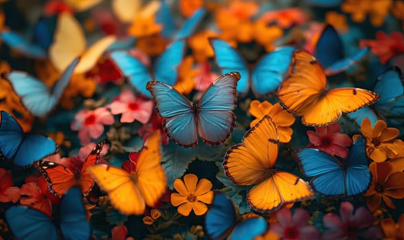 Colorful background of multi-colored butterflies full frame. Selective soft focus