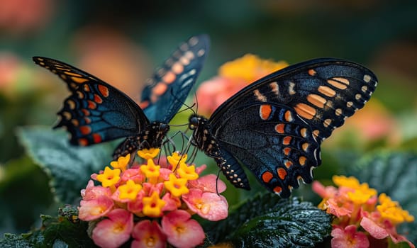 Colorful butterflies on a blurred natural background. Selective soft focus