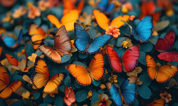 Colorful background of multi-colored butterflies full frame. Selective soft focus