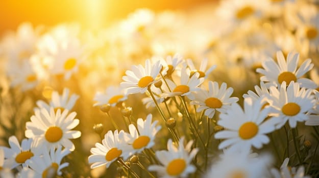 A field of Chamaemelum nobile flowers, also known as daisies, with the sun shining through them, creating a beautiful display of yellow and white petals against the lush green grass