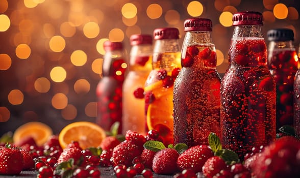 Fruit drinks in bottles on a blurred background. Selective soft focus