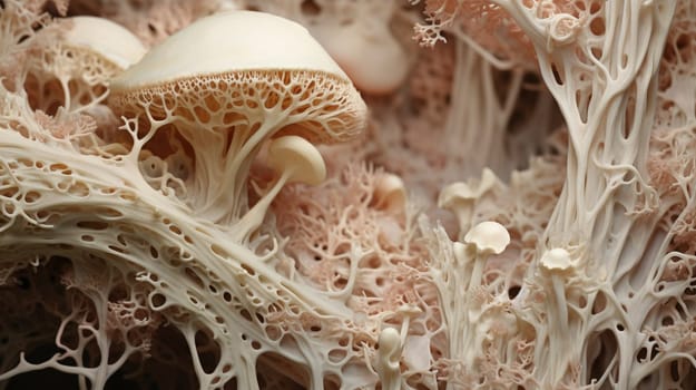 A closeup of a mushroom showing its treelike shape, highlighting its adaptation as a terrestrial organism. This natural material resembles a miniature tree in the wildlife of the natural landscape