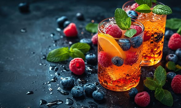 Drinks with berries and ice cubes on a blue background. Selective soft focus