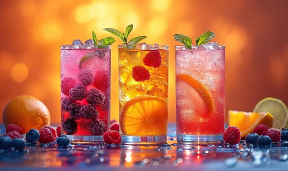 Drinks with berries and ice cubes on a blurred background. Selective soft focus