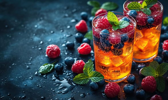 Drinks with berries and ice cubes on a blue background. Selective soft focus