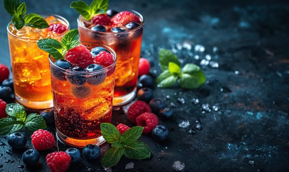 Drinks with berries and ice cubes on a blue background. Selective soft focus