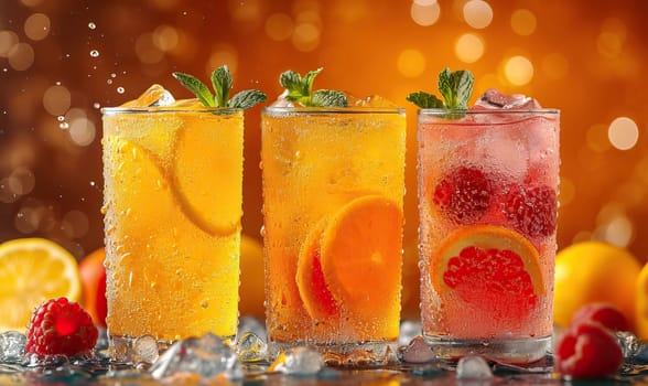 Drinks with berries and ice cubes on a blurred background. Selective soft focus