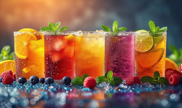 Drinks with berries and ice cubes on a blurred background. Selective soft focus