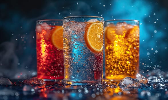 Drinks with berries and ice cubes on a blurred background. Selective soft focus