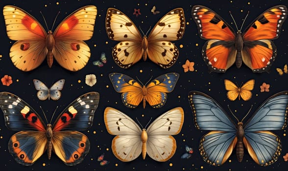 Set of colorful butterflies on a dark background. Selective soft focus