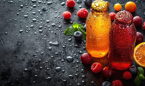 Fruit drinks in bottles on a dark background. Selective soft focus