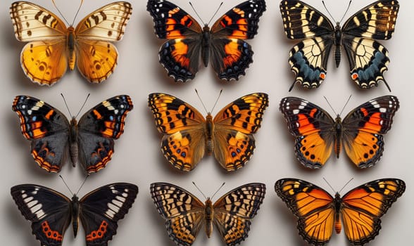 Set of colorful butterflies on a light background. Selective soft focus