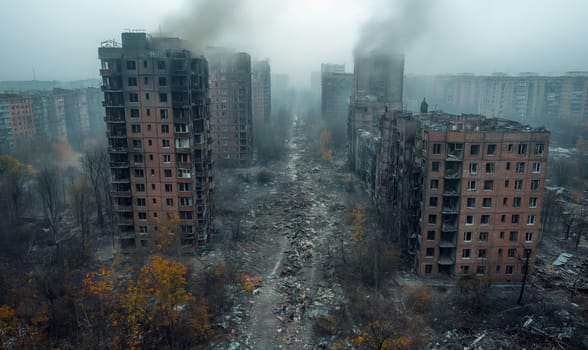 Destroyed residential high-rise buildings in the city. Selective soft focus.